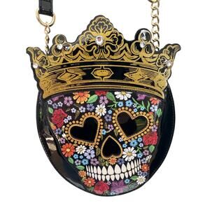 Betsey Johnson Floral Sugar Skull Crown gem black round Crossbody Bag